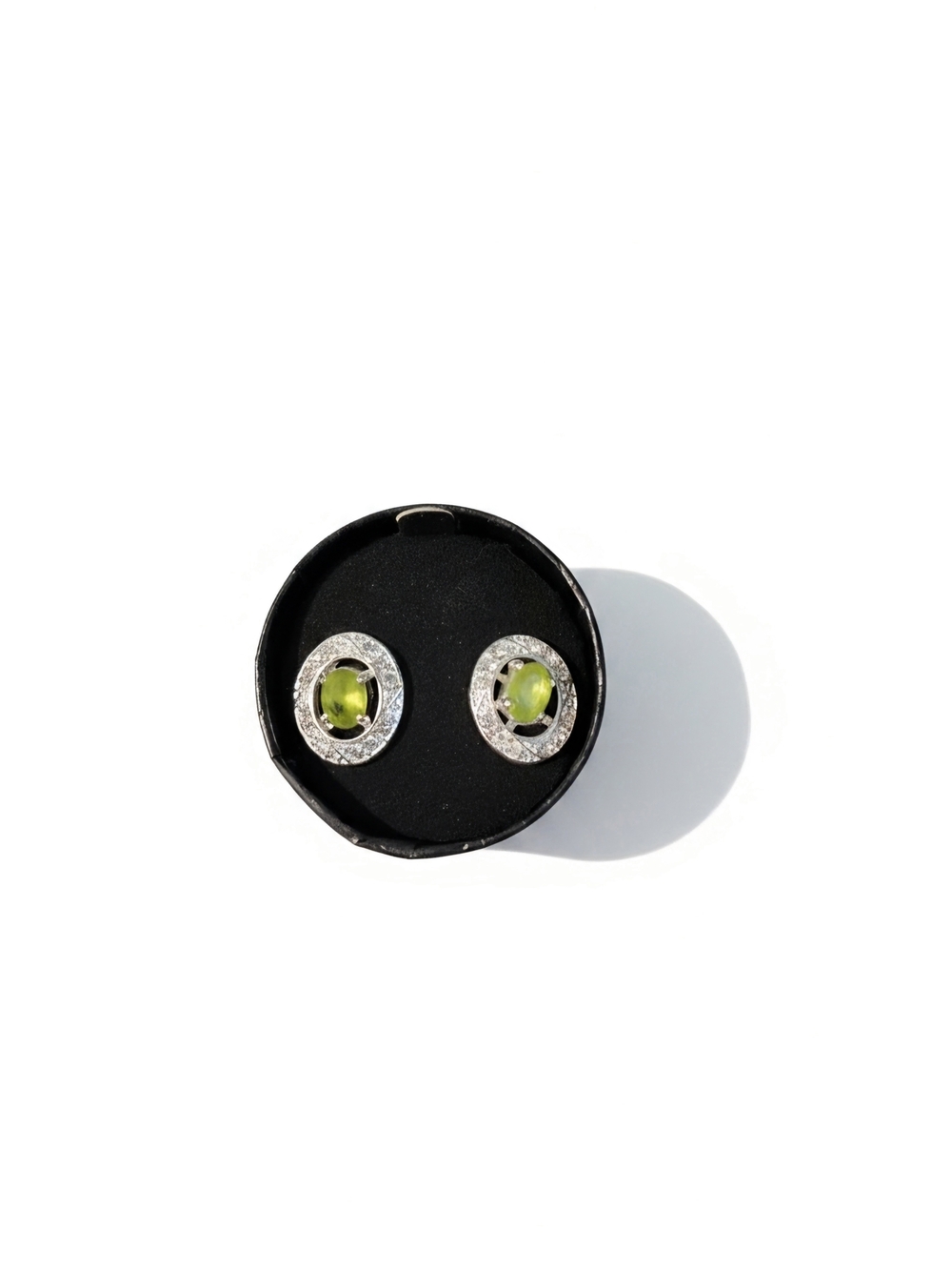 Silver-tone Green Stone Oval Stud Earrings